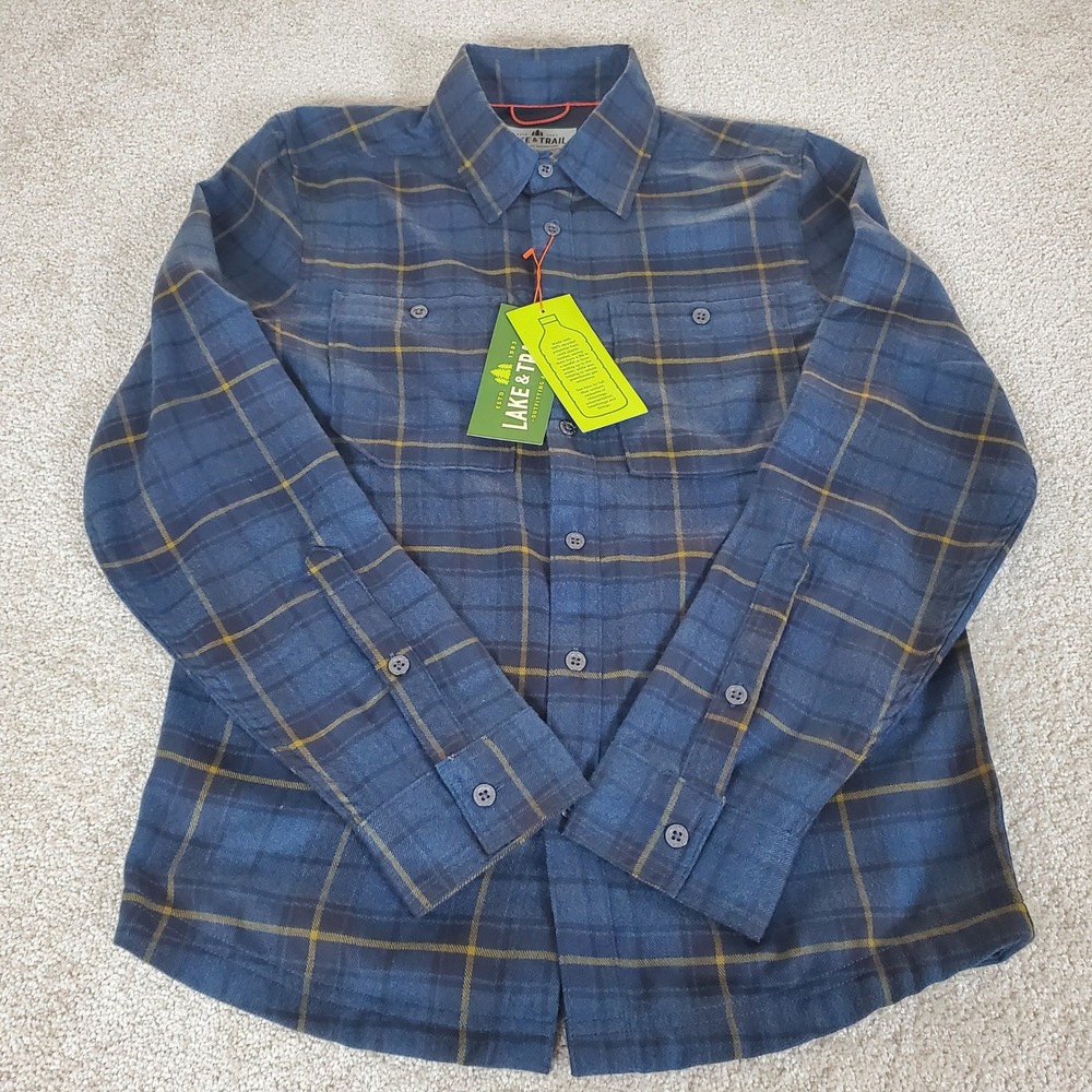Lake & Trail Performance Flannel Men's Small Blue Plaid Long Sleeve UPF 30 NWTGS